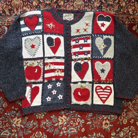 VTG Heirloom Collectibles Women Red White Blue Applique Embroidered Cardigan L - Picture 1 of 6